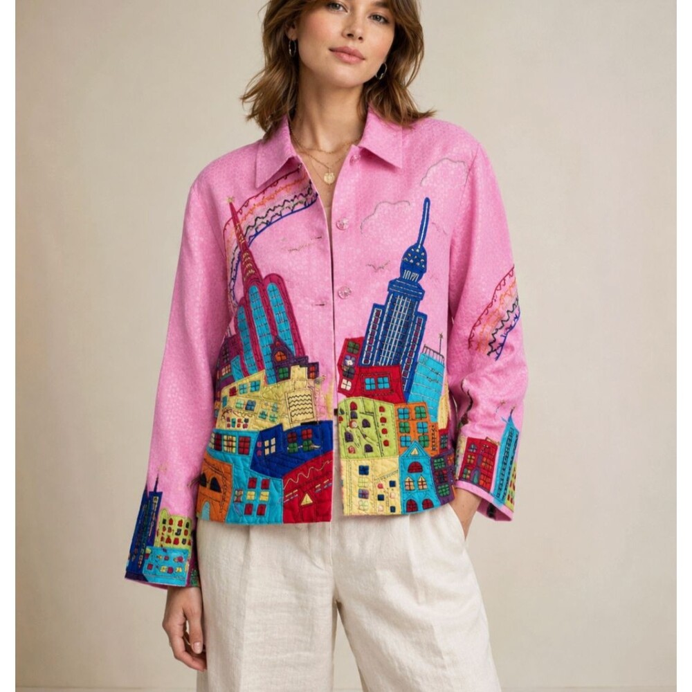 Vintage 90s Pushpa Embroidered Cityscape Jacket Wearable Art Pink Cotton Sz L